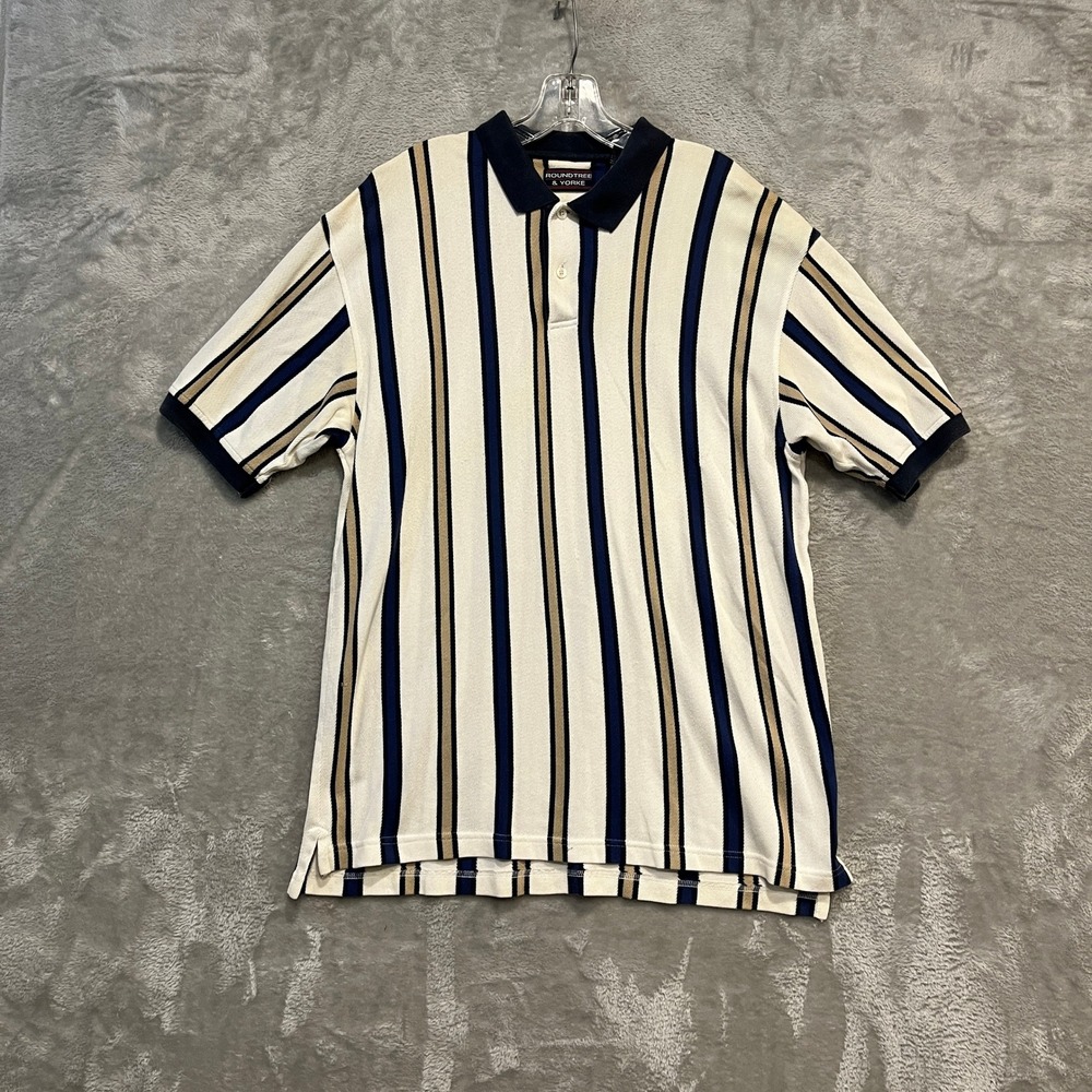 Roundtree & Yorke Polo Shirt Mens L White Navy Striped Short Sleeve Distressed